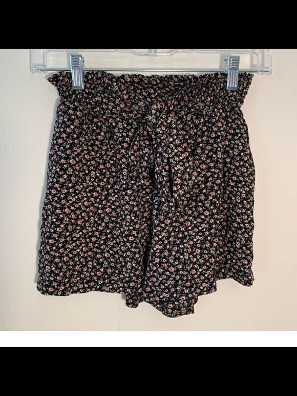 Hollister Black Floral Tie-Waist Shorts with Pink & Cream Blooms